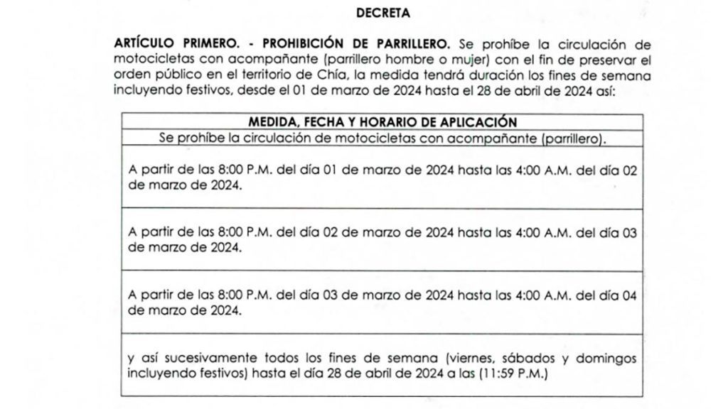 Decreto prohibición de acompañante en moto en Chía